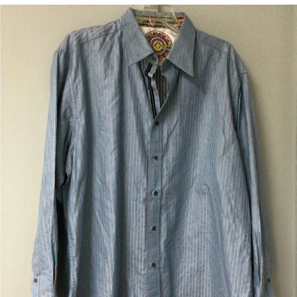 Robert Graham Size XL / TG Blue Flip Cuff Shirt Embroidered Long Sleeves Striped